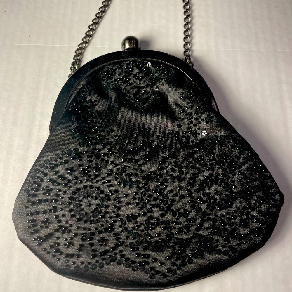 Ann Taylor Loft Evening Satin Black Beaded and Sequin bag